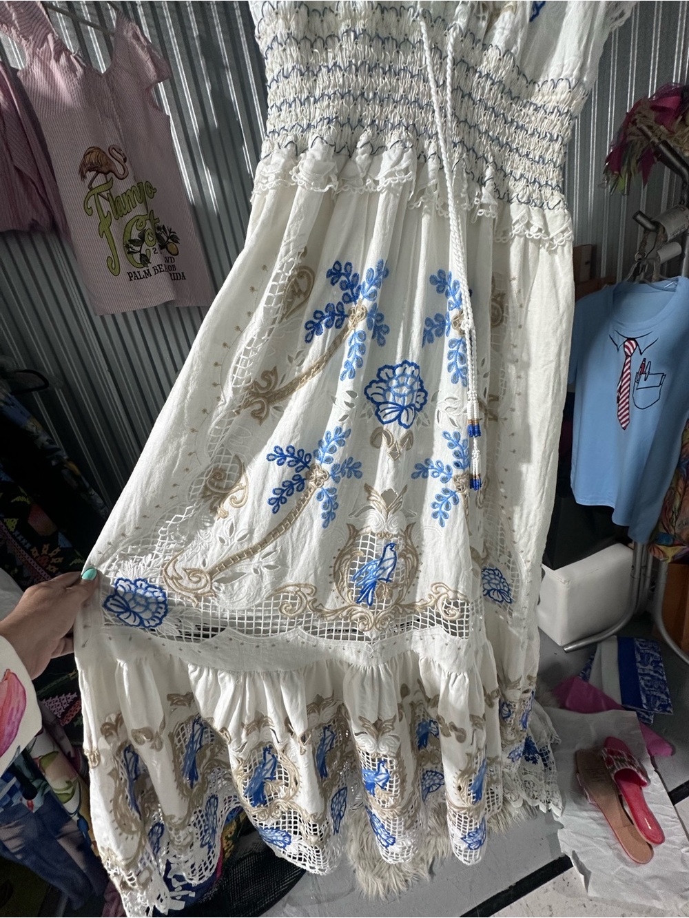 Farm Rio White & Blue Embroidered V-Neck Maxi Dress NWT - Picture 5 of 7